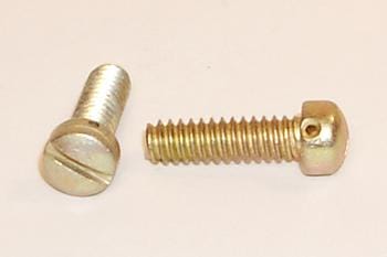Two metal screws on a light background. One screw has a flat head with a slotted drive, and the other has a round head with a hexagonal socket. Both screws are positioned horizontally.
