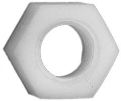 A white, hexagonal plastic nut with a threaded interior, shown against a plain background.