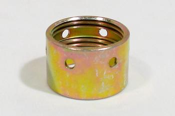 A cylindrical metal sleeve with a yellowish tint and several circular holes around its sides, placed on a plain white background.