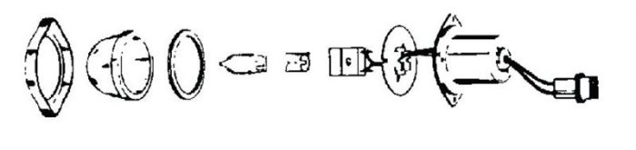 Exploded view of a mechanical assembly with multiple components, including circular and cylindrical parts, aligned in sequence from left to right. A cable extends from the rightmost part.