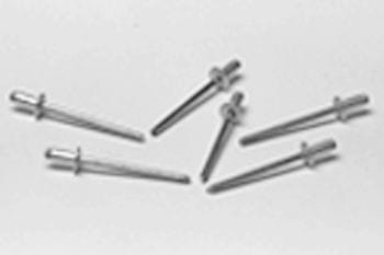 Five metal rivets are arranged on a light gray surface, each with a cylindrical shaft and a rounded head.