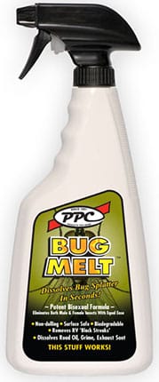 Spray bottle of PPC Bug Melt with a yellow and black label, designed for removing bugs and grime from surfaces. The bottle has a black trigger nozzle.