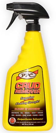 Yellow spray bottle labeled "Crud Remover" with a black trigger nozzle. The label highlights "Superior Cleaning Strength" and mentions it is suitable for removing petroleum, oil, and grease. Contains 32 fluid ounces.