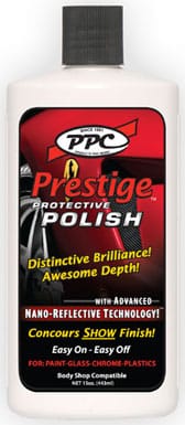 Bottle of PPC Prestige Protective Polish with a black cap. The label features red and black colors, highlighting phrases like "Distinctive Brilliance," "Awesome Depth," and "Nano-Reflective Technology." Suitable for paint, glass, chrome, and plastics.