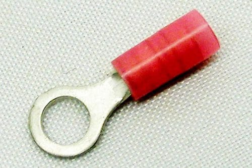 A red insulated ring terminal with a metal loop and a red plastic sleeve is shown on a light gray background.