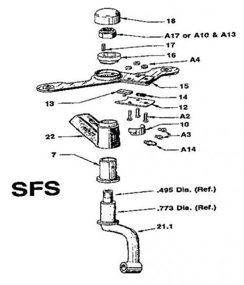 Exploded diagram of a mechanical assembly labeled SFS, showing components numbered 13 to 22. Parts include a handle, screws, and washers, with measurements indicated as .495 Dia. and .773 Dia.