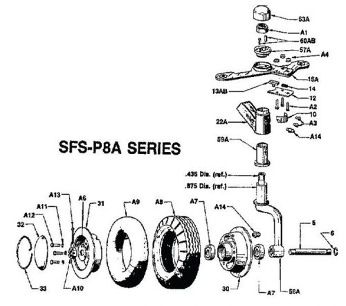 Exploded diagram of the SFS-P8A Series, showing labeled components including gears, axles, and fasteners. Parts are numbered for assembly reference.