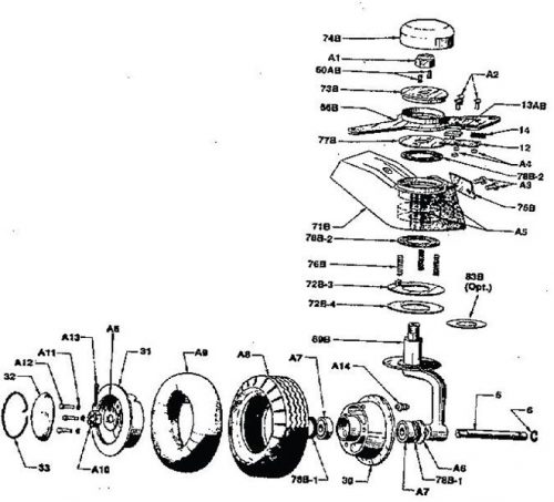Exploded diagram of a mechanical device with labeled parts, including gears, a crank, and various components. Each part is numbered for reference, showing assembly order and positioning.