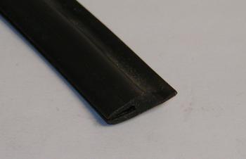 Close-up of a black rubber strip with a flat, angled end on a light gray background.