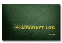 Green aircraft logbook cover with gold text reading "The Standard AIRCRAFT LOG" and "ASA-SA-2."