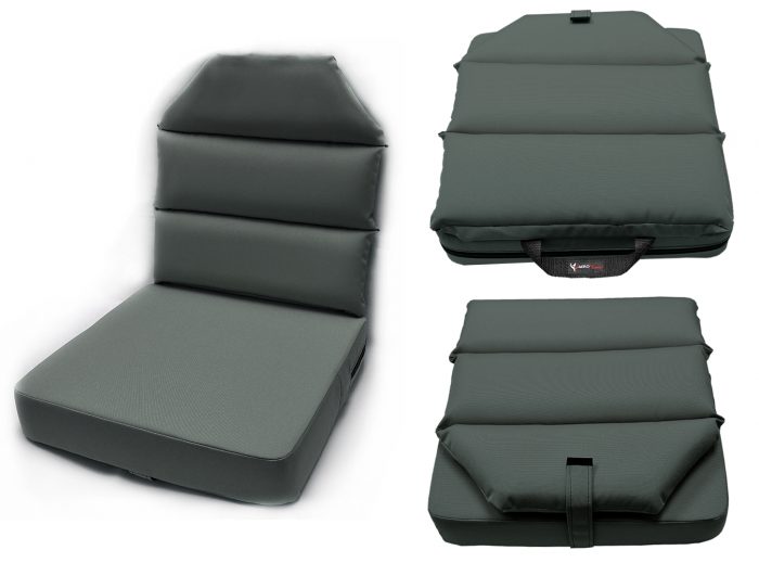 Dark green portable seat cushion shown in three configurations: upright with back support, folded flat, and compact with a carrying handle.