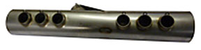 A metal pipe with six circular openings aligned in a row, used for connecting or distributing fluids or gases.