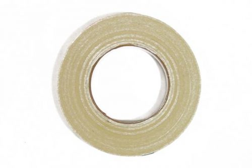A roll of beige adhesive tape with a cardboard core, viewed from above on a plain white background.