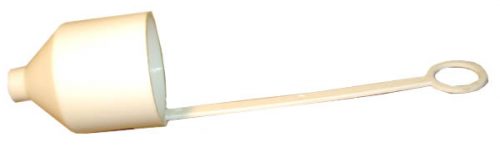 A beige plastic funnel with a long, narrow spout and a loop handle at the end.