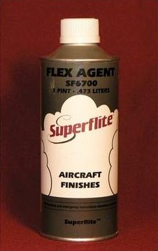 A can of Superflite Flex Agent SF6700, labeled for aircraft finishes, with a white cap and a red background. The label includes the volume measurement of 1 pint (473 liters).