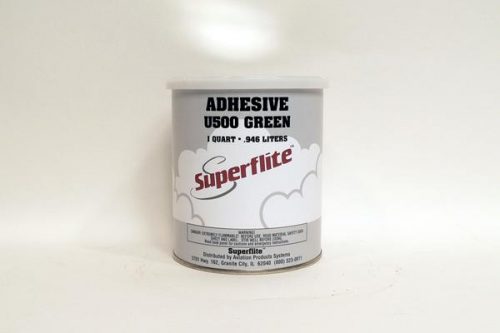 A can of Superflite Adhesive US00 Green, 1 quart, with a gray and white label featuring cloud graphics.