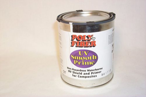 A metal can of Poly Fiber UV Smooth Prime, a non-hazardous waterborne UV shield and primer for composites, with a purple label. The can is sealed with a black lid and placed against a plain white background.