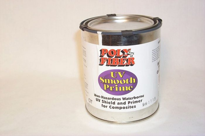 A metal can of Poly Fiber UV Smooth Prime, a non-hazardous waterborne UV shield and primer for composites, with a purple label. The can is sealed with a black lid and placed against a plain white background.