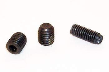 Three black set screws of varying lengths and head shapes are arranged on a white background. Each screw features a threaded body, with one having a flat head, another a conical head, and the third a rounded head.