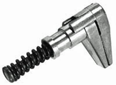 Metal spring-loaded latch with a cylindrical body and a triangular head, designed for securing or locking mechanisms.