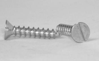 Two metal screws on a plain surface, one with a flat head and the other with a round head, both featuring slotted drives.