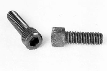 Two black hex socket screws on a white background, one upright and the other lying down, showing threaded bodies and hexagonal sockets on the heads.