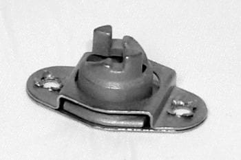 Metal mounting bracket with a central circular component and two holes on each side for screws, placed on a flat surface.