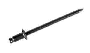 A close-up of a metal rivet with a cylindrical shaft and a rounded head, designed for fastening materials together.
