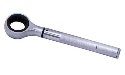 A silver ratchet wrench with a round head and textured handle, positioned diagonally against a plain white background.
