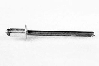 A silver and black rivet with a cylindrical shaft and a flat head, lying horizontally on a plain white background.