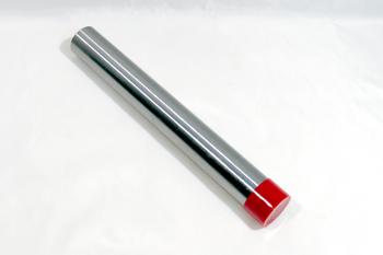 A cylindrical metal rod with a shiny silver surface and a red cap on one end, placed diagonally on a white background.
