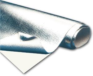 A roll of silver reflective insulation material partially unrolled, showing its textured surface and shiny appearance.