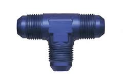 A blue T-shaped pipe fitting with threaded ends, designed for connecting three sections of pipe, shown against a plain white background.