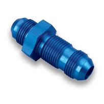 A blue anodized metal fitting with threaded ends and a hexagonal central section for tightening.