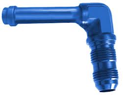 Blue, L-shaped, threaded pipe fitting with a smooth cylindrical extension.