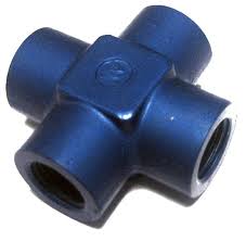 A blue metal cross pipe fitting with four threaded openings, designed for connecting pipes at right angles.