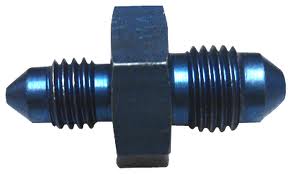 A blue anodized aluminum double-ended flare fitting with threaded ends and a hexagonal center section for tightening.