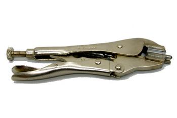 Metallic locking pliers with an adjustable screw at the handle end, designed for gripping and holding objects securely.