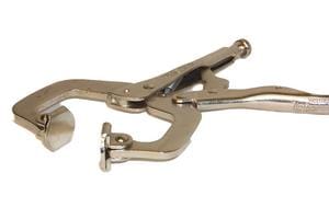 Metal C-clamp locking pliers with adjustable jaws, shown on a white background.