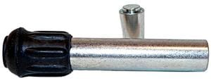 A metal tool with a cylindrical silver body and a black, ridged grip on one end, alongside a small metallic pin.