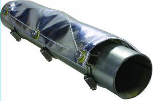 A cylindrical metal pipe is partially covered with a shiny, silver insulation wrap secured by metal fasteners. The wrap features stitched seams and covers most of the pipe, leaving one end exposed.