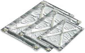 Three silver reflective thermal blankets of varying sizes are stacked. Each has reinforced edges with metal grommets for hanging or securing.