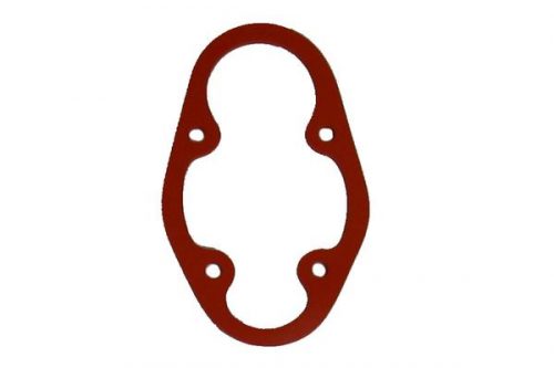 A red, oval-shaped gasket with four holes, designed for sealing connections in mechanical systems.
