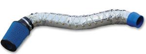Flexible duct with blue connectors at both ends, wrapped in a silver insulating material.