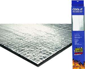 Reflective insulating mat with a silver metallic surface, shown next to its blue packaging labeled "Cool-It Insulating Mat." The packaging features product details and a flame design at the bottom.