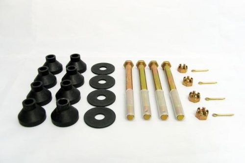A set of hardware components including eight black rubber cones, four black washers, four long bolts, four brass nuts, and four split pins arranged neatly on a white surface.