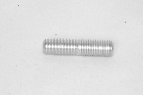 A small, silver, double-ended threaded metal rod on a plain white background.