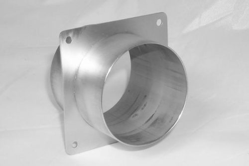 A metallic cylindrical duct adapter with a square flange featuring four mounting holes. The surface is smooth and reflective, set against a plain background.