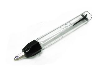 Clear plastic voltage tester with a black handle and metal tip, shown on a white background.