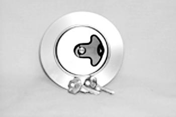 A circular metal lock with a keyhole is centered against a plain background. Two keys are placed in front of the lock.